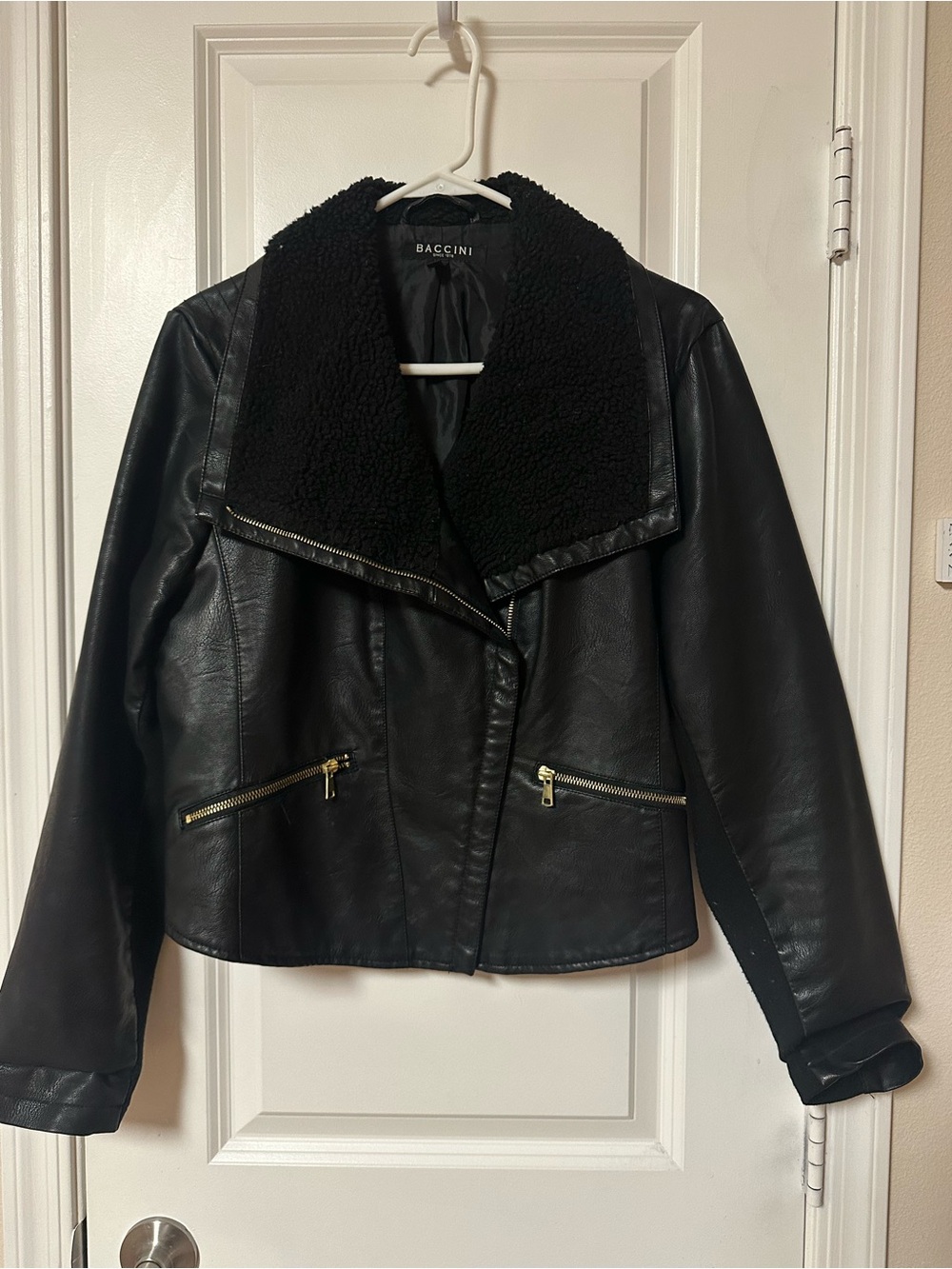 Baccini Black Faux Leather Sherpa-Trim Moto Jacket